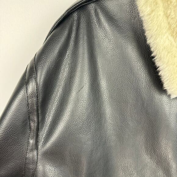 Miletta Black Cream Vegan Faux Leather Fur Trim Lined Zip Bomber Jacket Sz XL - Picture 12 of 15